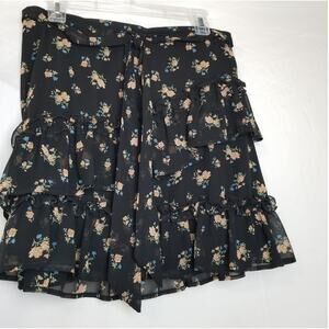 No Boundaries Black Floral Ruffle Tired Sheer Lined Pull On Skirt Sz LG (11/13)